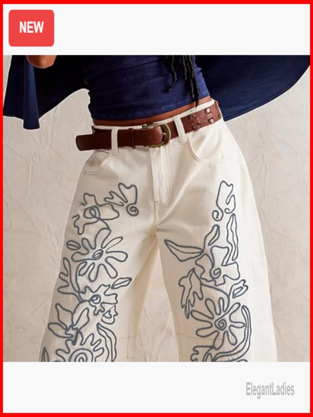 Embroidered Mid Rise Boyfriend Jeans Wide Leg Barrel Fit Vintage Style - Picture 4 of 6